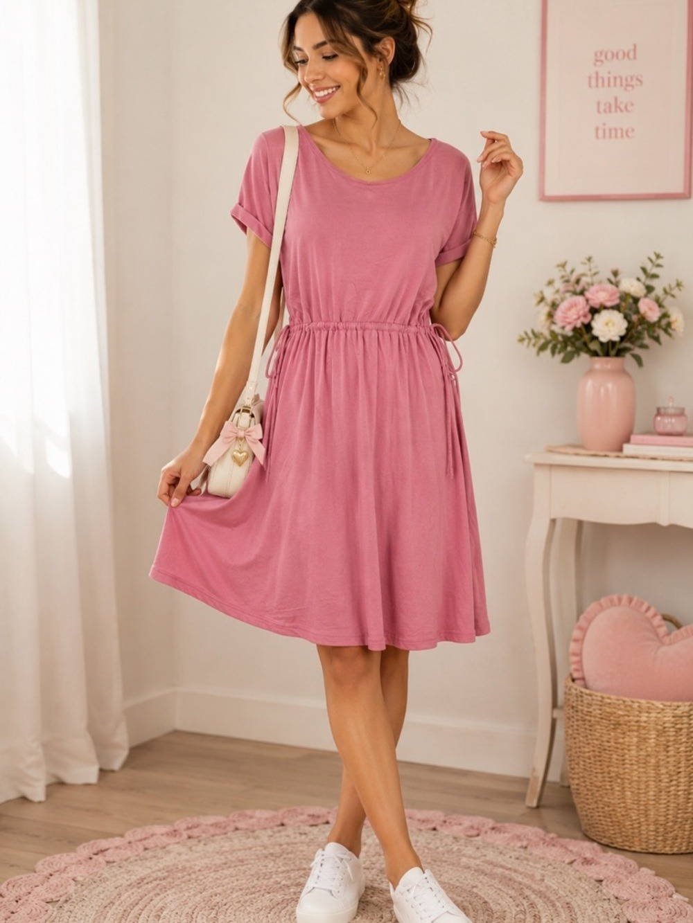 Saturday Sunday Anthropology Pink Short Sleeve Tencel Ribbed MIDI Dress Medium